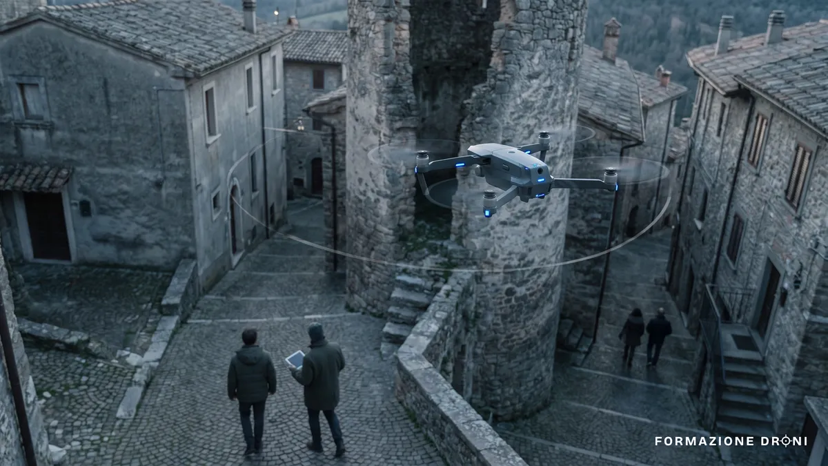 Drone che ruota attorno a una torre in pietra per acquisire immagini per un modello tridimensionale