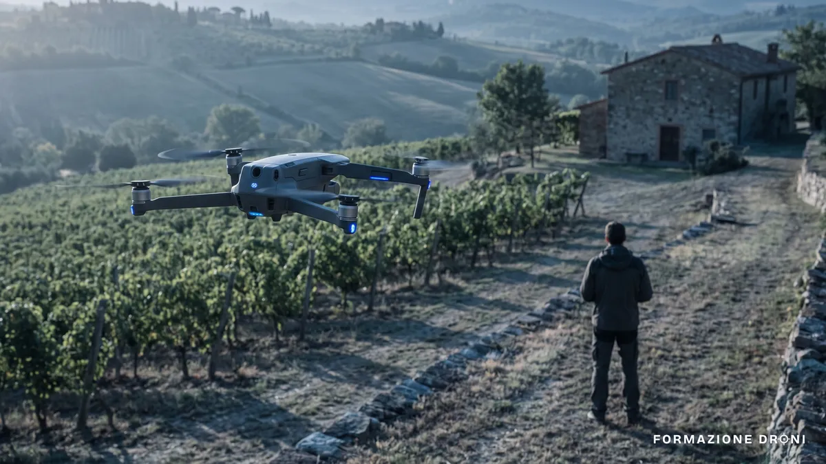 Drone in volo sui filari di un vigneto collinare italiano al mattino presto