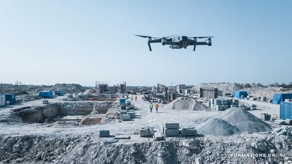 Drone in volo sopra un cantiere edile con scavi e cumuli di materiale