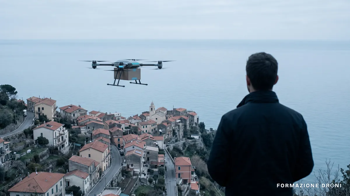 Drone da trasporto in volo sopra un piccolo centro costiero italiano