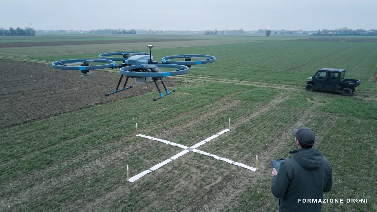 Drone che esegue un volo a griglia su un terreno aperto, con un target a terra per i punti di controllo