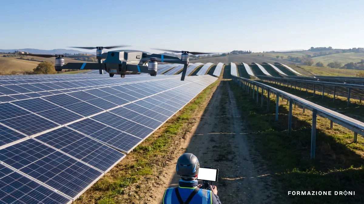Drone in volo sulle file di moduli di un impianto fotovoltaico in campagna
