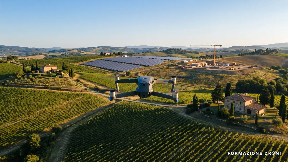 Drone professionale in volo su un paesaggio italiano con vigneti, un impianto fotovoltaico e un cantiere sullo sfondo