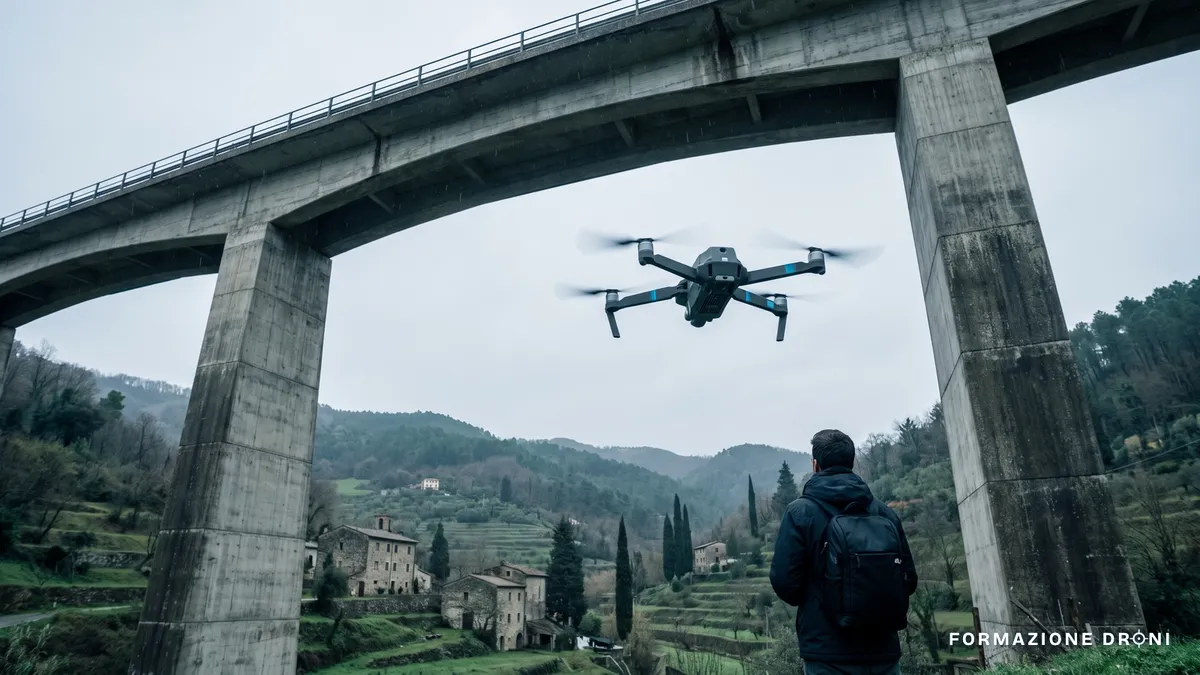 Drone professionale in volo sotto l'impalcato di un viadotto in calcestruzzo