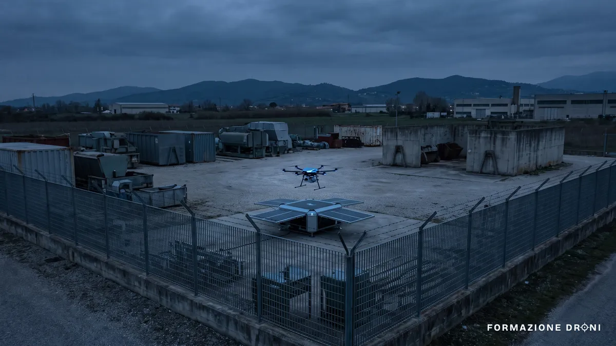 Drone in decollo da una stazione automatica all'interno di un'area industriale recintata al tramonto