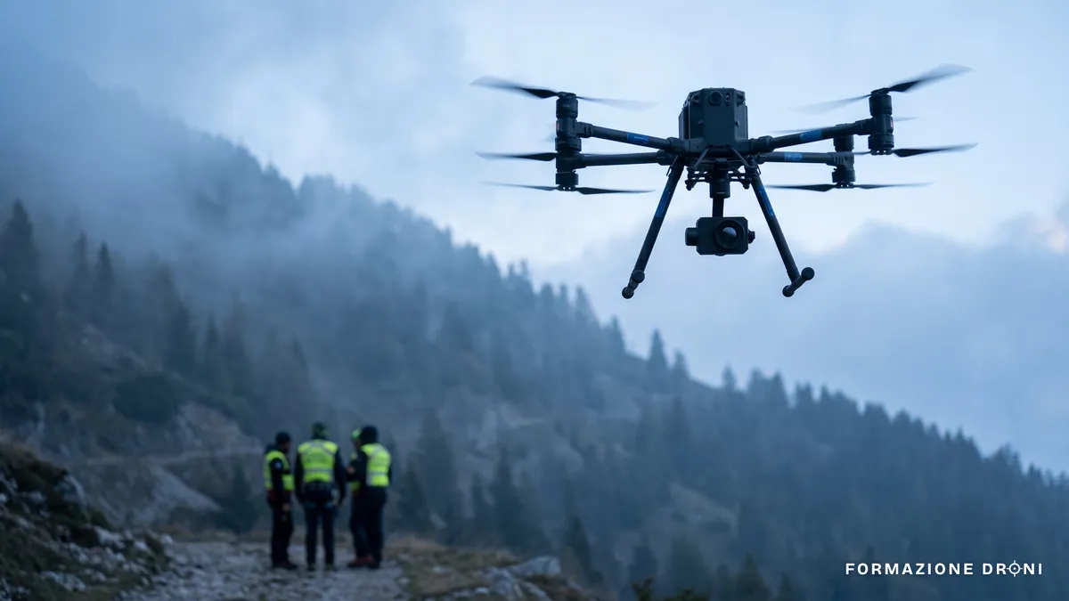 Drone con sensore termico in volo su un versante boscoso all'alba, con una squadra di soccorso in lontananza