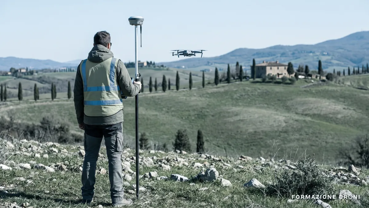 Tecnico con palina GNSS su un terreno mentre un drone vola sullo sfondo