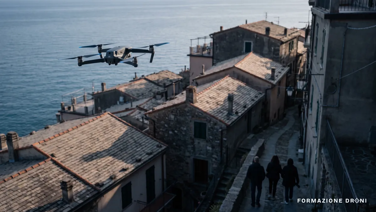 Drone con camera in volo su un borgo costiero italiano alla luce del tramonto