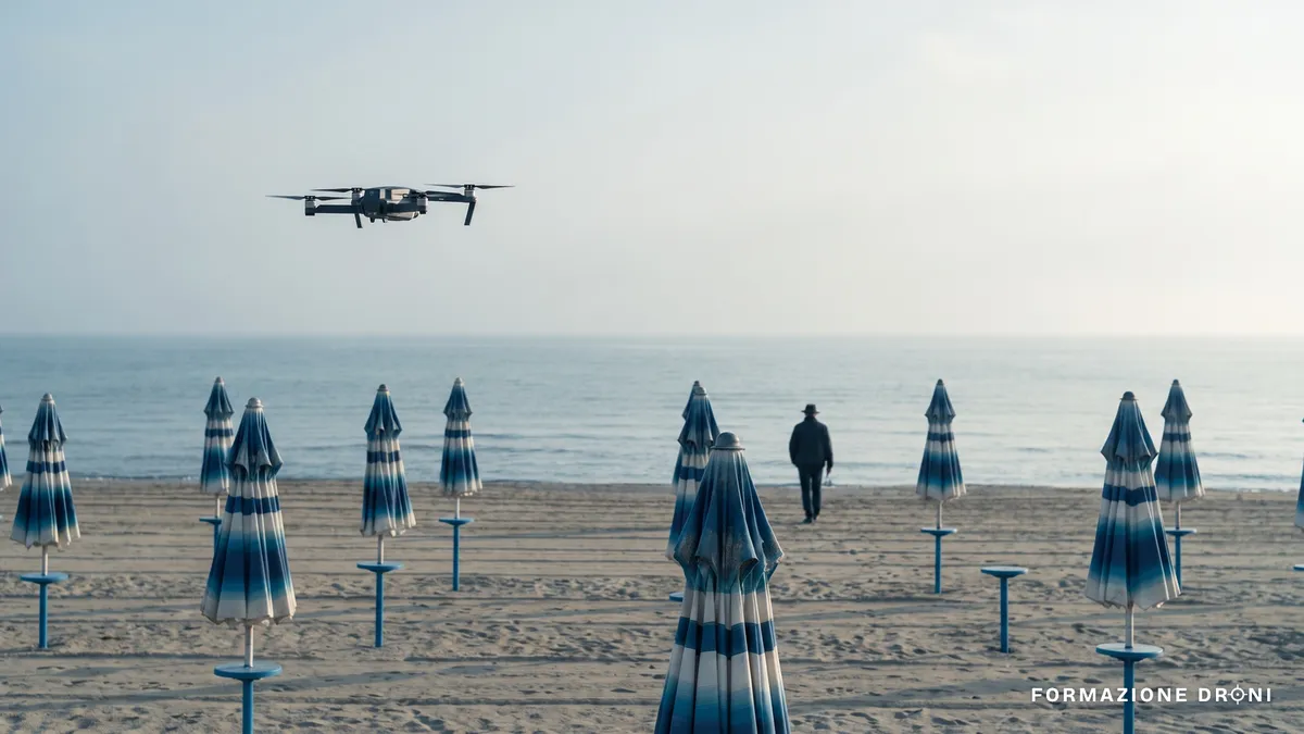 Drone in volo su una spiaggia italiana al mattino presto, con ombrelloni ancora chiusi