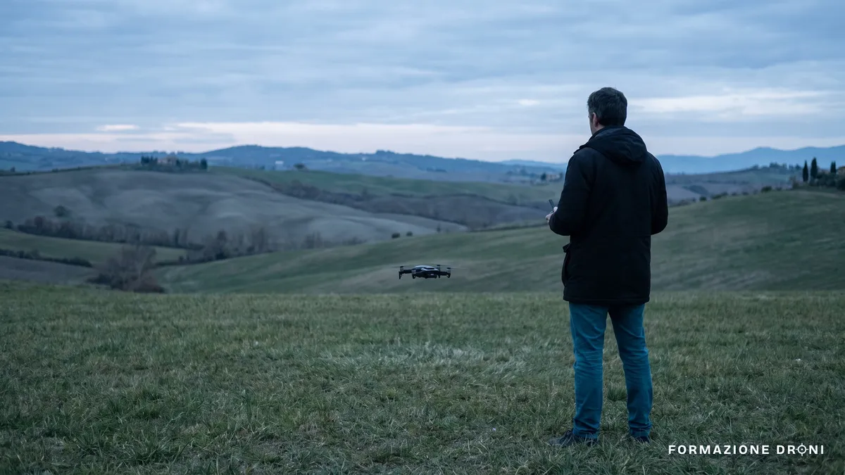 Pilota di spalle con radiocomando e piccolo drone in hovering su un campo aperto