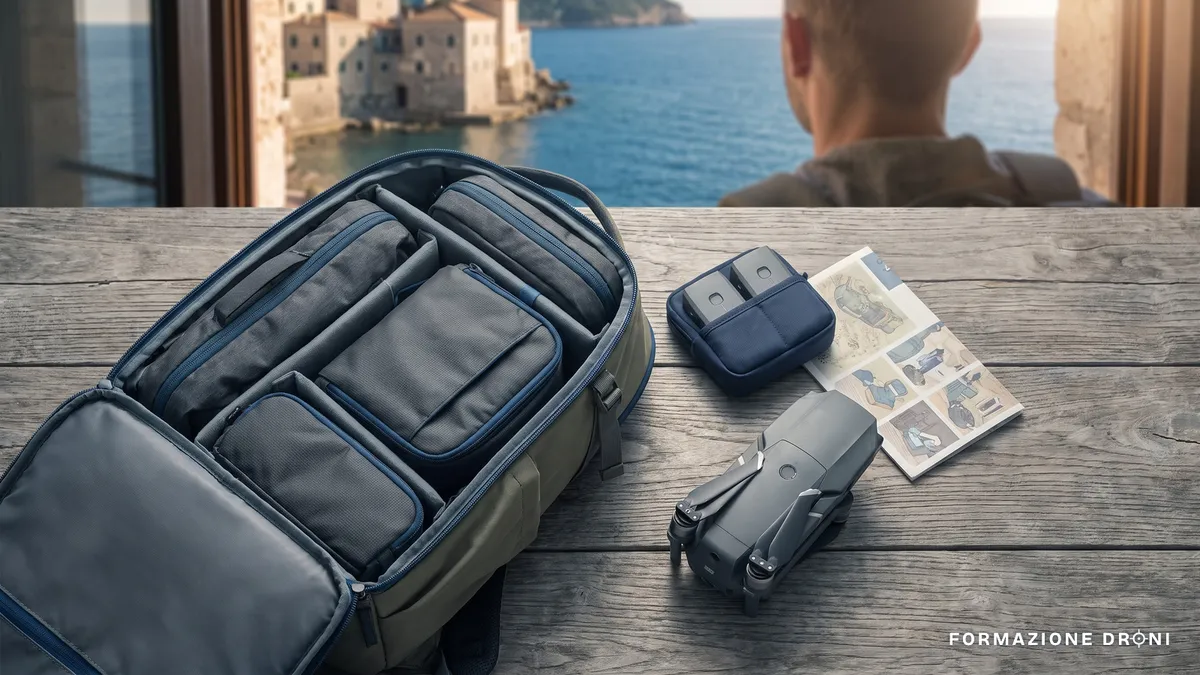 Zaino da viaggio aperto con drone ripiegato, batterie e documenti su un tavolo di legno