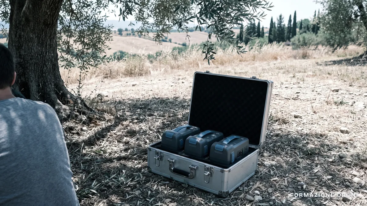 Batterie per drone in una cassetta metallica all'ombra di un olivo in una giornata estiva