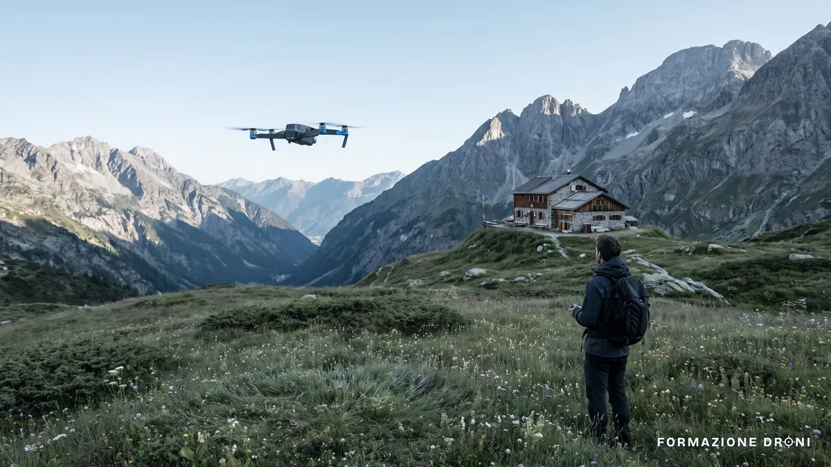 Drone in volo sopra un pascolo alpino con cime rocciose sullo sfondo