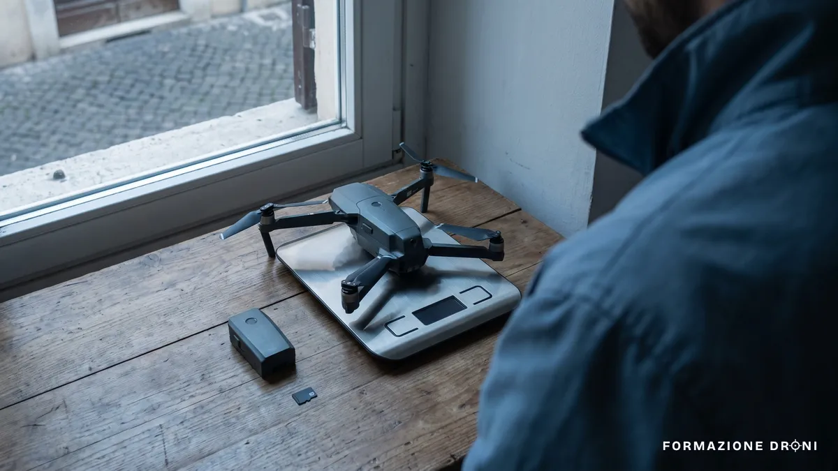 Piccolo drone appoggiato su una bilancia da cucina accanto a una batteria di scorta