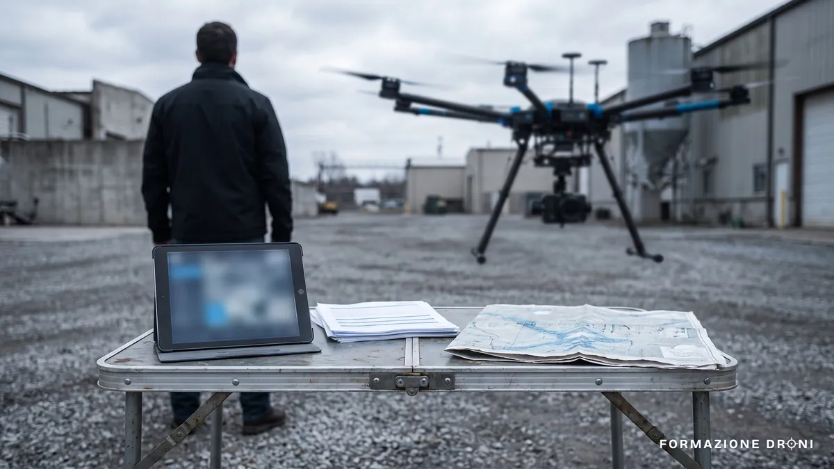 Postazione di pianificazione con tablet, checklist stampate e drone professionale sullo sfondo