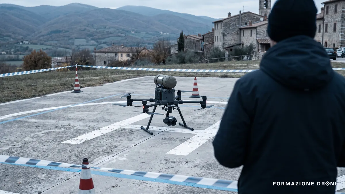 Drone professionale su piazzola con area a terra controllata delimitata da coni e nastro