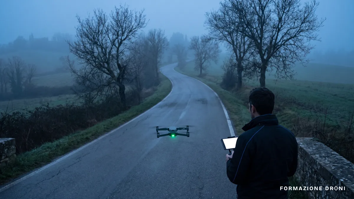 Drone in volo basso all'ora blu su una strada di campagna con alberi autunnali