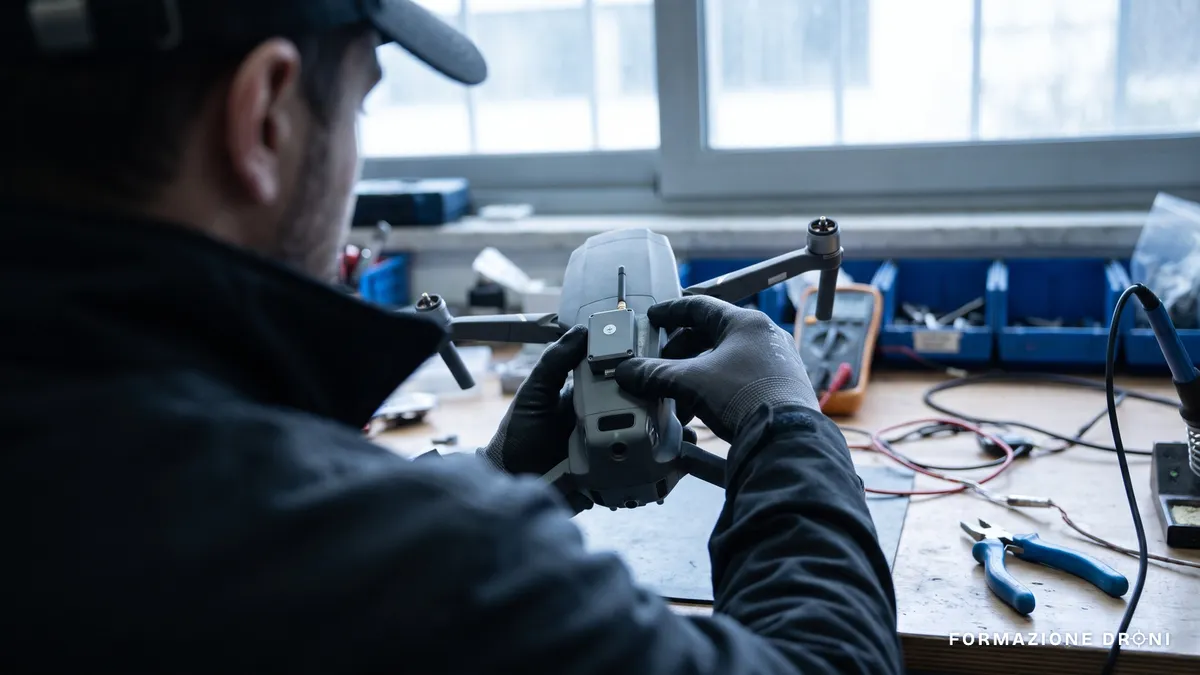 Piccolo modulo elettronico fissato sulla scocca superiore di un drone professionale