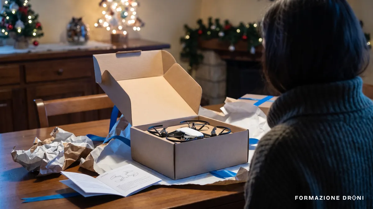 Piccolo drone nella confezione aperta su un tavolo con carta da regalo e manuale