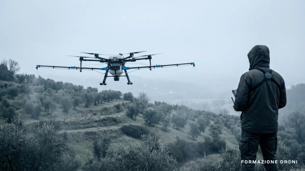 Drone multirotore con barre di irrorazione in volo basso su oliveti terrazzati