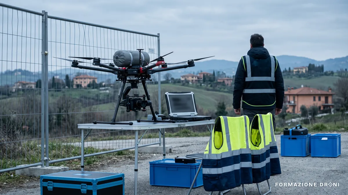 Drone professionale con contenitore del paracadute su un tavolo, area di lavoro delimitata sullo sfondo
