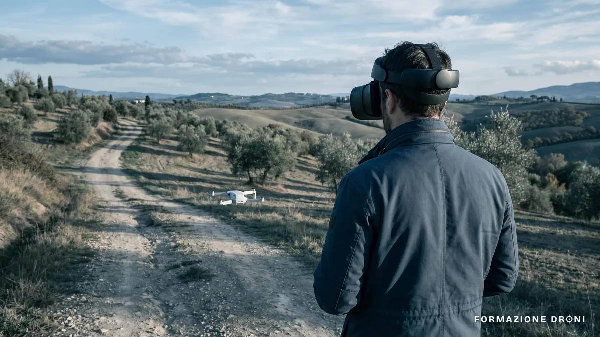 Piccolo drone in volo basso su un sentiero collinare, pilota di spalle con visore