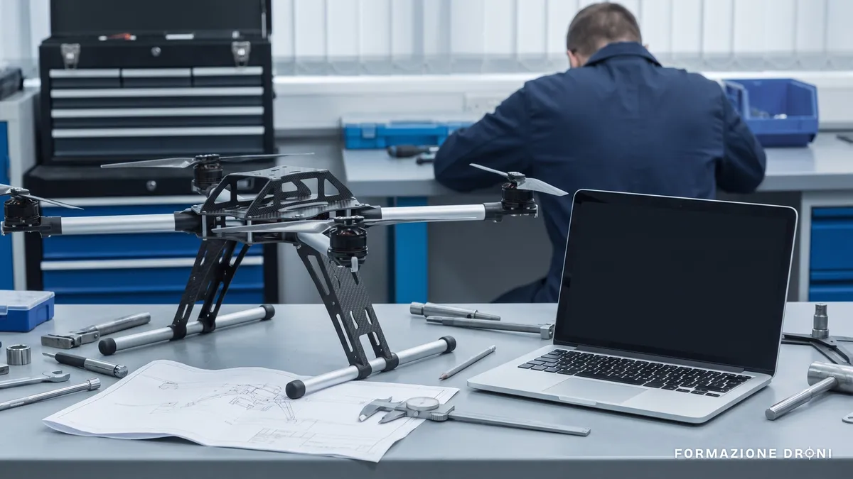 Banco di lavoro con telaio di drone professionale smontato, calibro e disegno tecnico