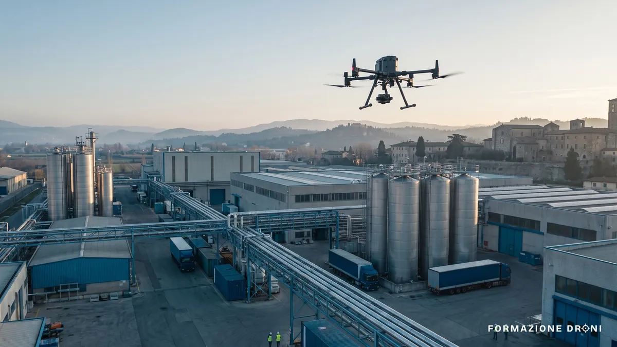 Drone professionale in volo su un impianto industriale alla periferia di una città italiana all'alba