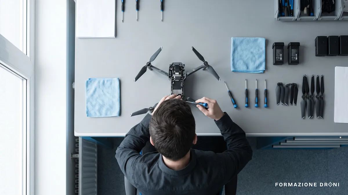 Drone smontato su un banco con eliche di ricambio, cacciaviti e batterie allineate