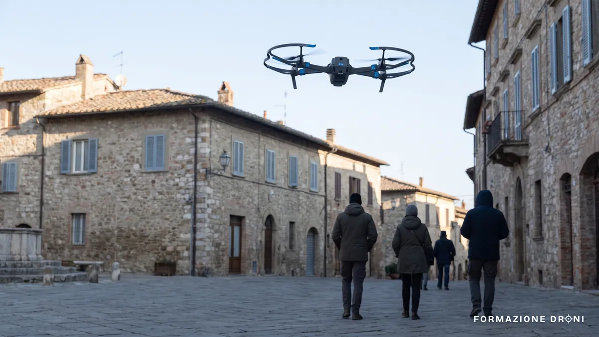 Drone professionale in volo su una piazza di paese italiana con passanti a distanza