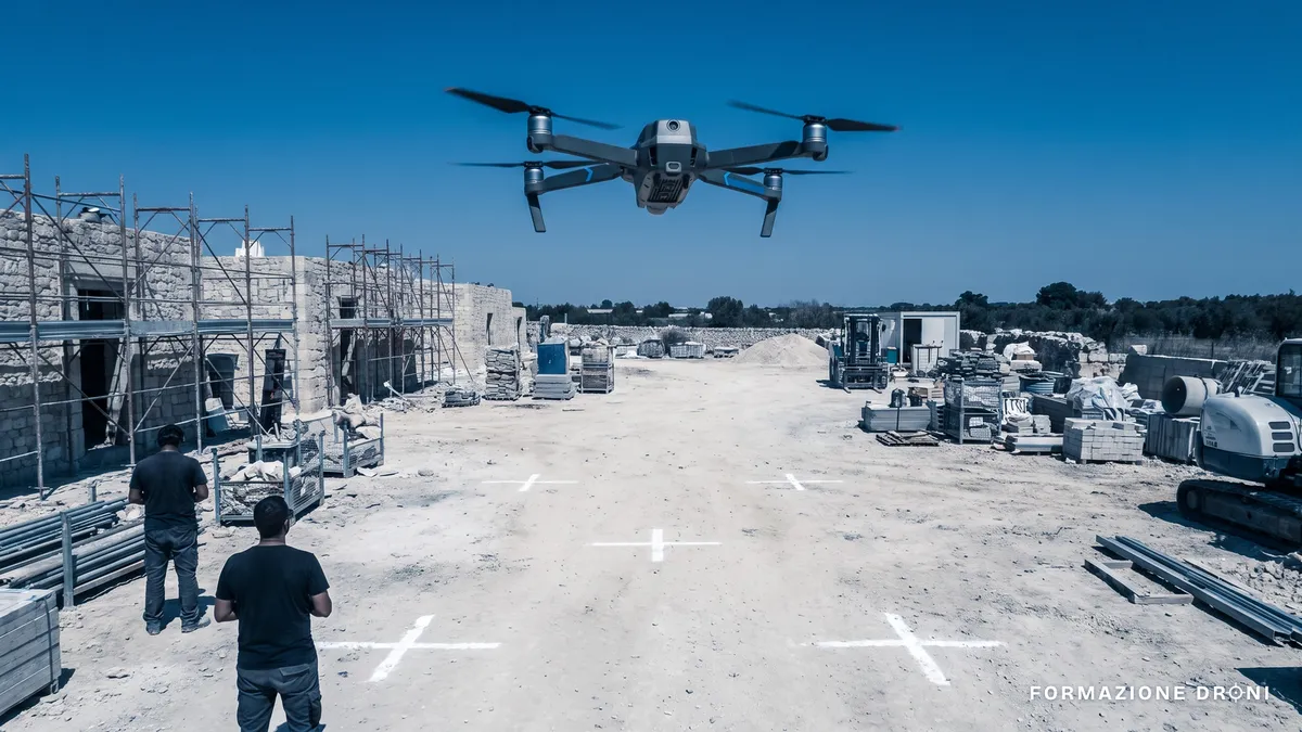 Drone professionale in volo su un cantiere con target a terra ad alto contrasto