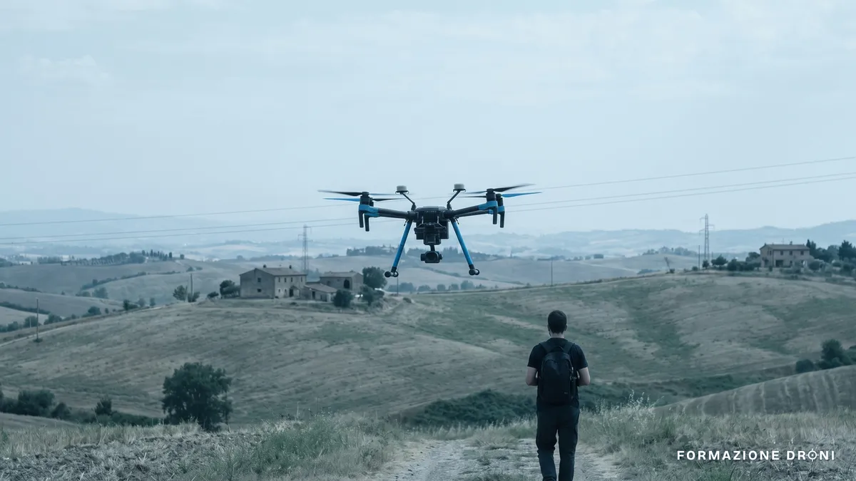 Drone professionale in volo basso su una campagna italiana con case sparse e linee elettriche