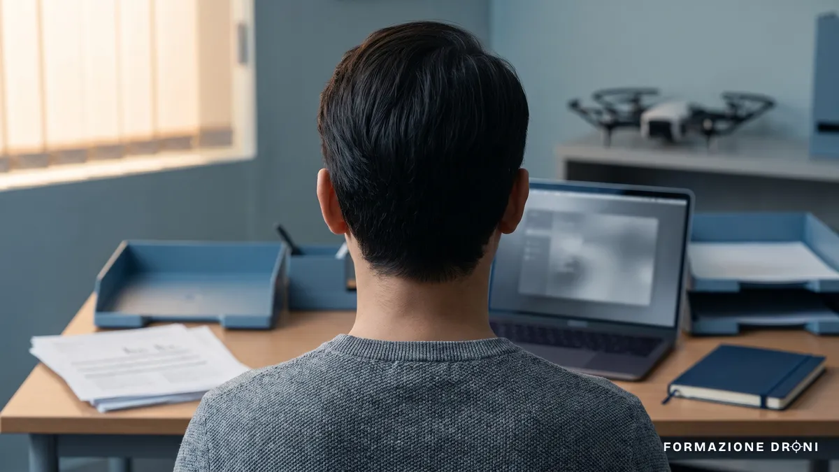 Scrivania con un computer portatile aperto su un documento e un piccolo drone sullo sfondo
