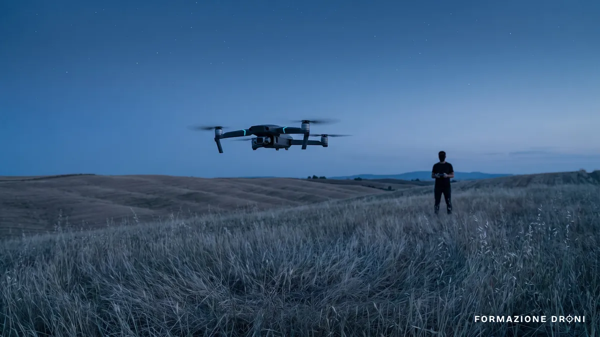 Drone in hovering su un campo aperto al crepuscolo con cielo limpido