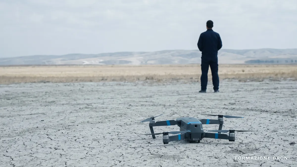Drone appoggiato su terreno secco in campagna con foschia di calore all'orizzonte