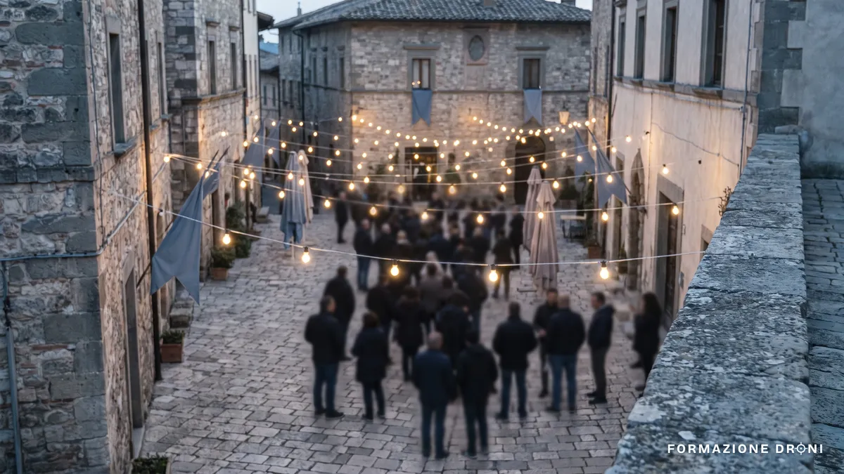 Piazza di paese durante una festa estiva vista dall'alto, con la folla non riconoscibile