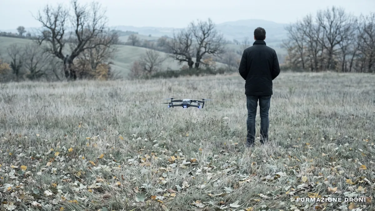Piccolo drone in volo stazionario su un prato autunnale con il pilota che lo osserva a pochi metri