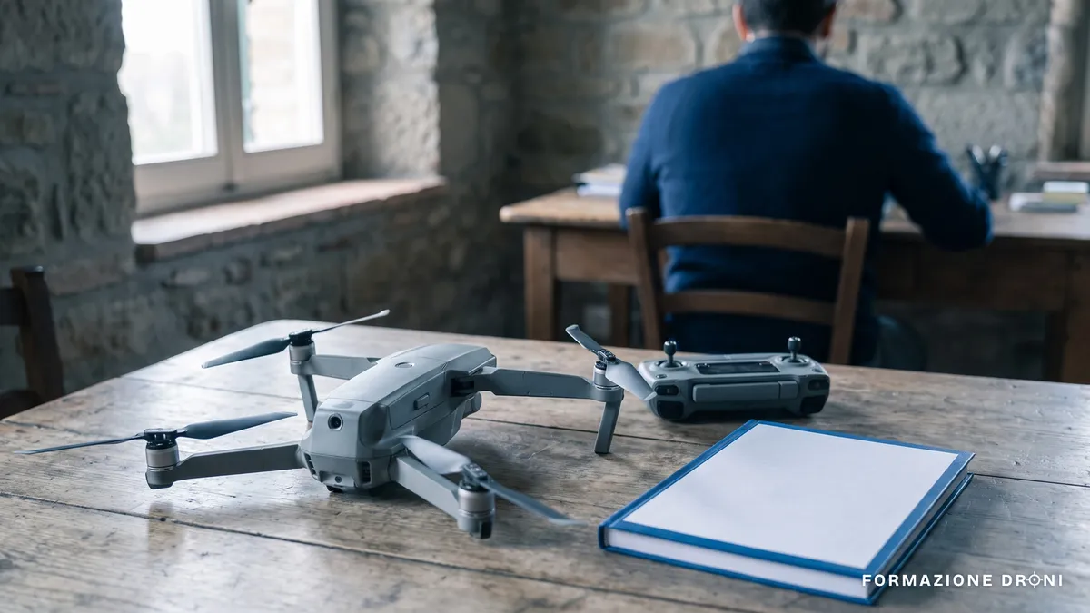 Drone consumer appoggiato su un tavolo accanto al radiocomando e a un fascicolo di regolamento
