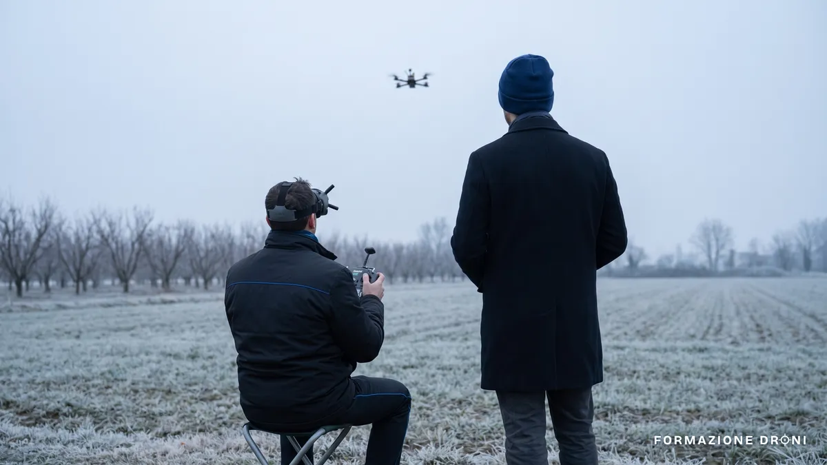 Pilota seduto con visore FPV e osservatore in piedi accanto che segue il drone in un campo invernale