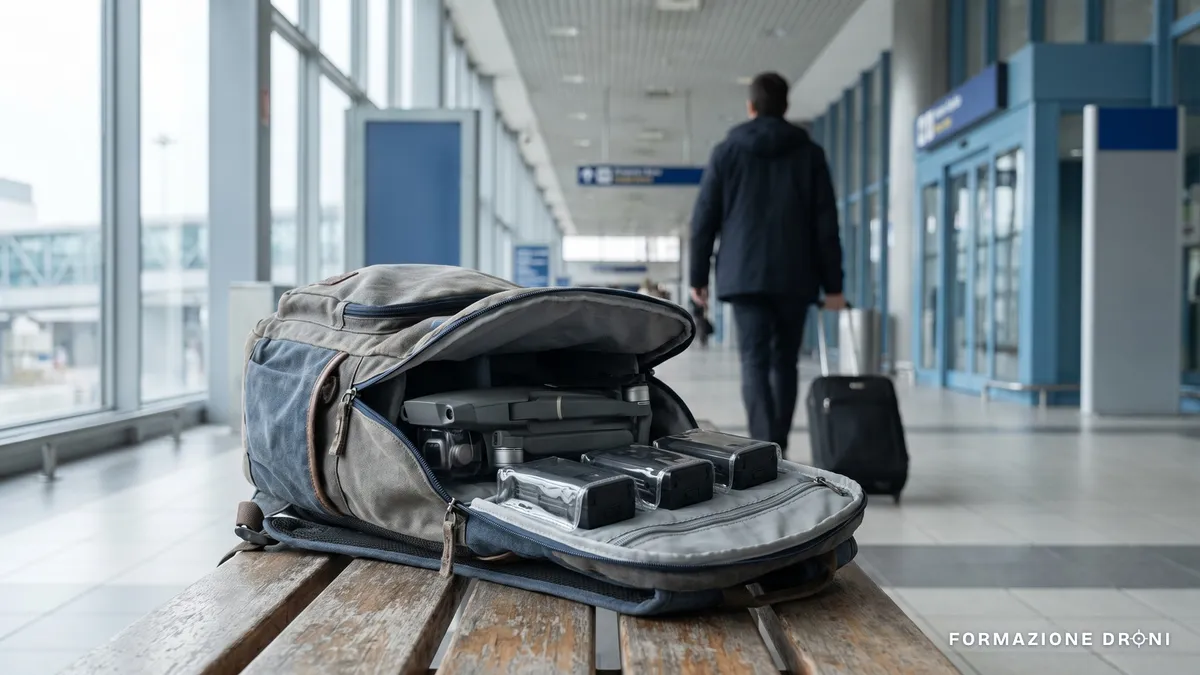 Zaino da cabina aperto con drone pieghevole e batterie in buste trasparenti su una panchina in aeroporto