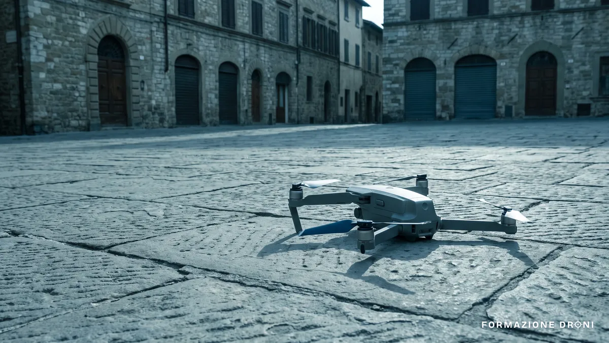 Drone caduto sul selciato di una piazza vuota con un'elica piegata