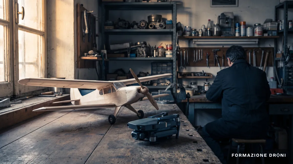 Vecchio aeromodello radiocomandato accanto a un drone pieghevole moderno su un banco da lavoro