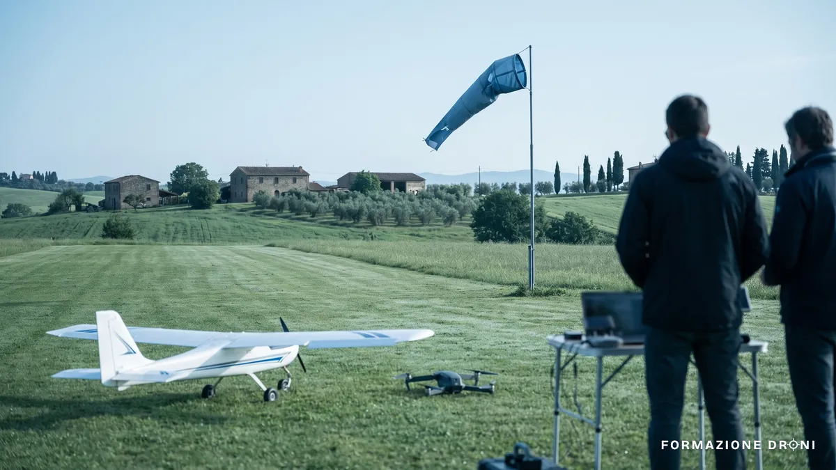 Campo volo erboso con un aeromodello ad ala fissa e un piccolo quadricottero appoggiati a terra