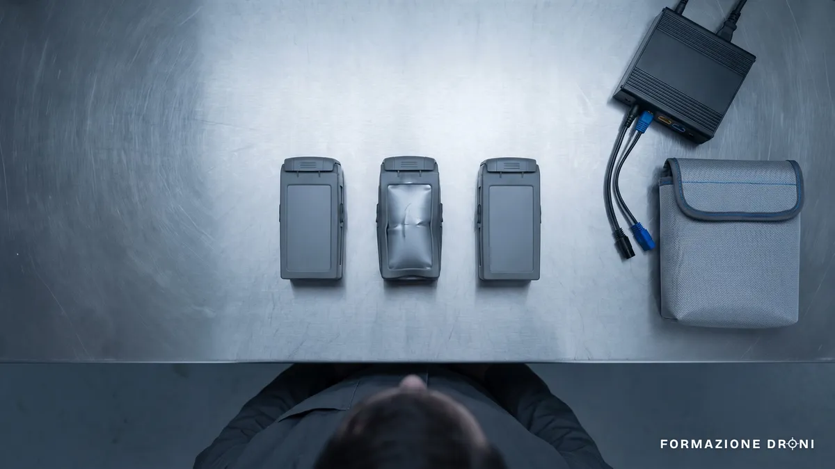 Tre pacchi batteria per drone allineati su un banco metallico accanto a un caricabatterie e a una borsa ignifuga