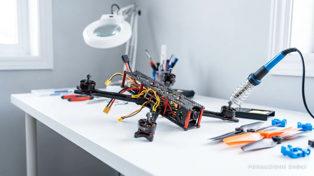 Telaio di un drone autocostruito in fibra di carbonio su un banco da lavoro, con saldatore ed eliche di scorta