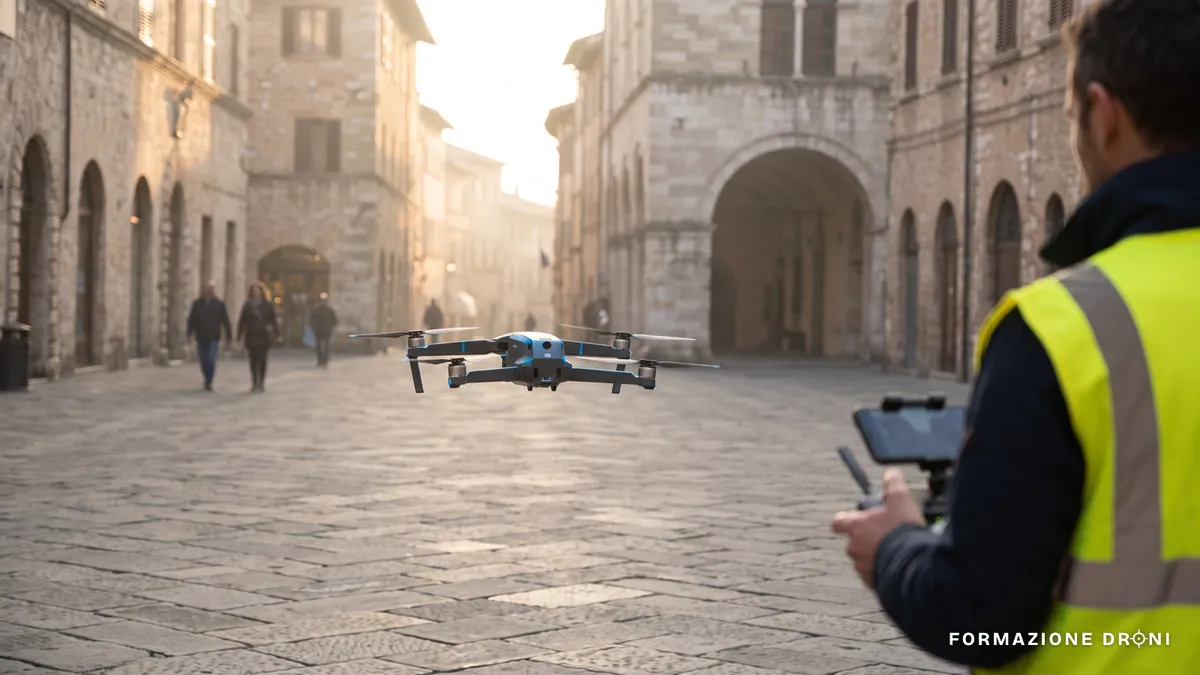 Drone professionale in hovering sopra una piazza italiana, con il pilota in gilet ad alta visibilità di spalle