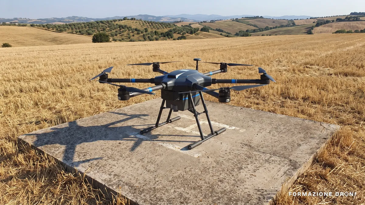 Grande drone esacottero professionale posato su una piazzola in un campo aperto della campagna italiana