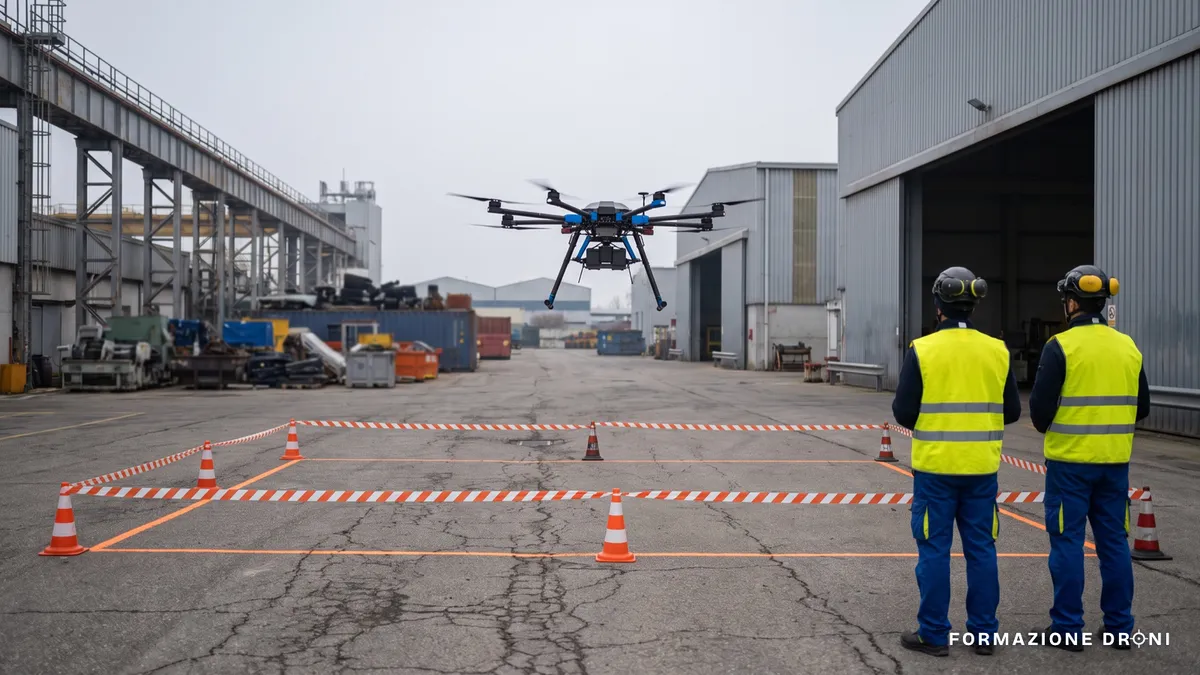 Drone professionale in decollo da un'area controllata a terra delimitata, con operatori in gilet ad alta visibilità