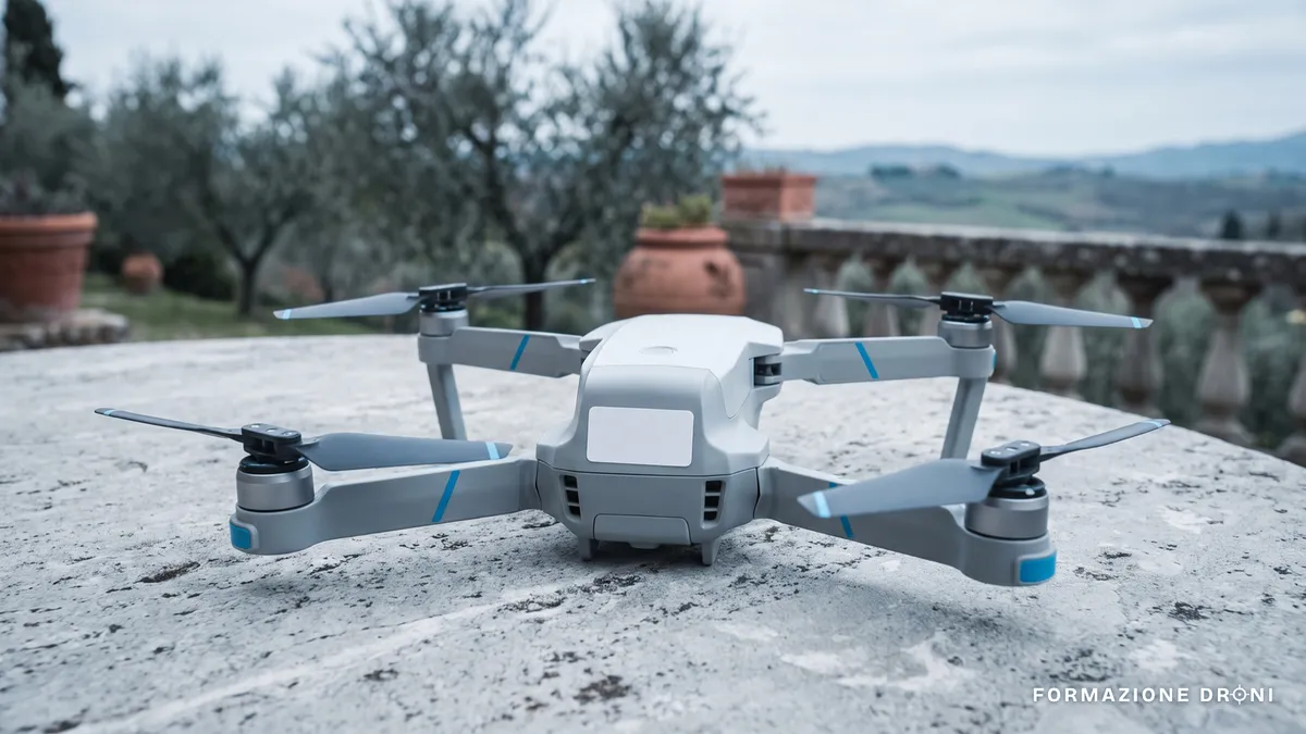 Primo piano di un piccolo drone appoggiato su un tavolo, con l'etichetta di conformità visibile sulla scocca