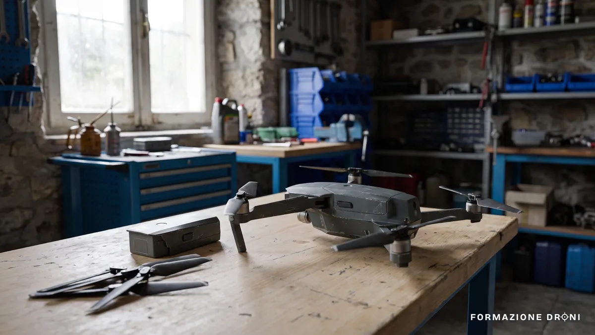 Vecchio drone consumer pieghevole su un banco da lavoro, accanto a una batteria di scorta e alle eliche